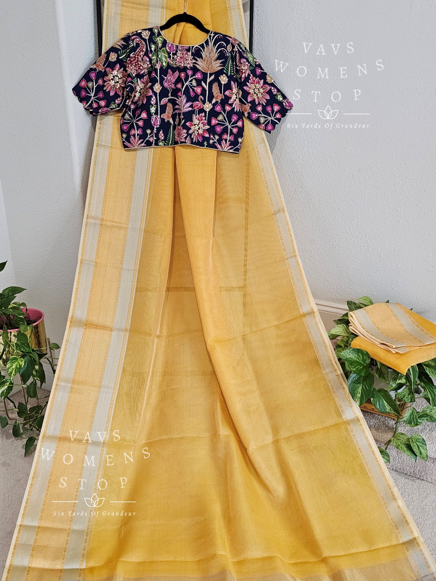 Pure Tussar Tissue Yellow Saree - Kalamkari Silk Blouse