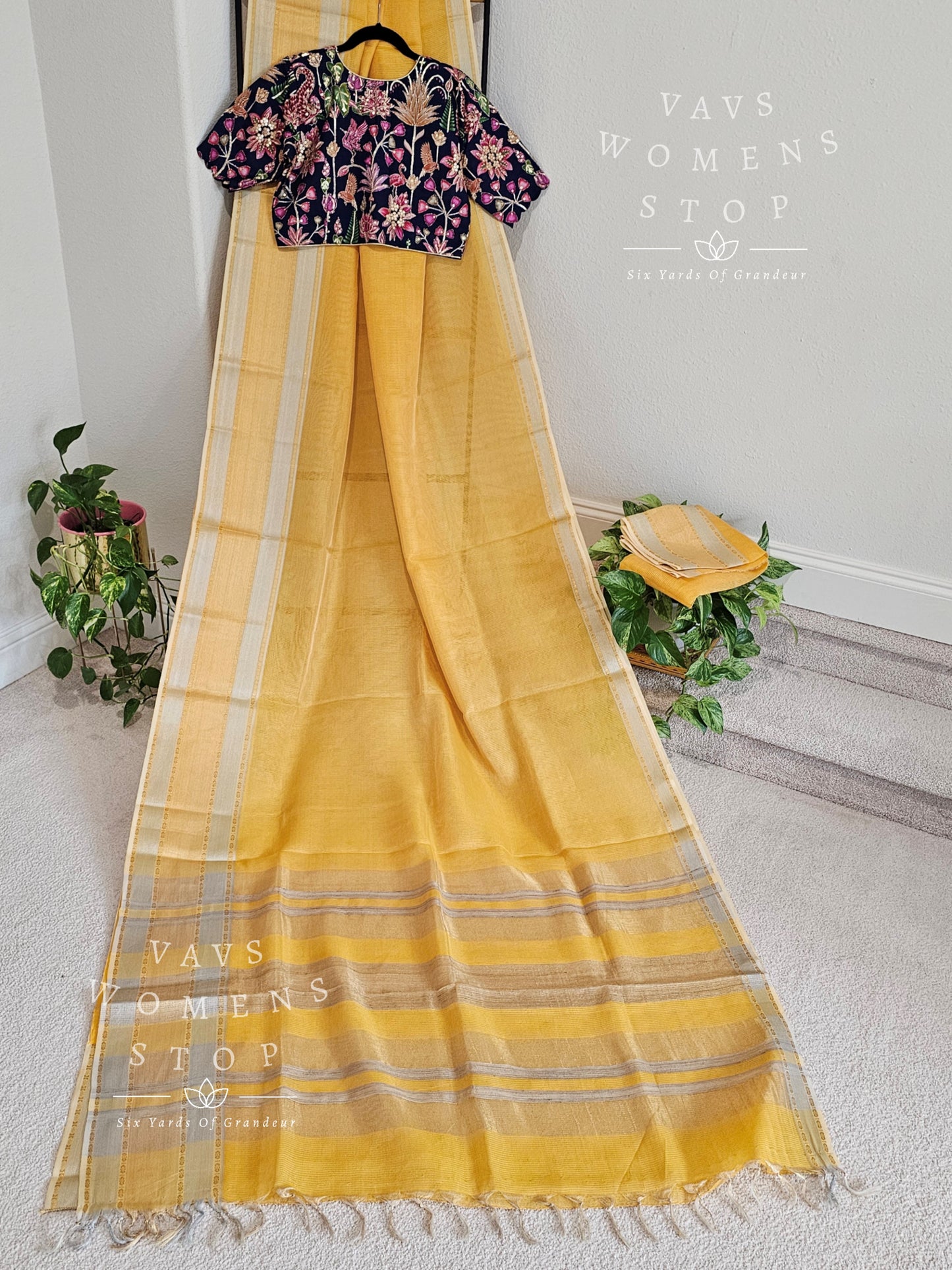 Pure Tussar Tissue Yellow Saree - Kalamkari Silk Blouse