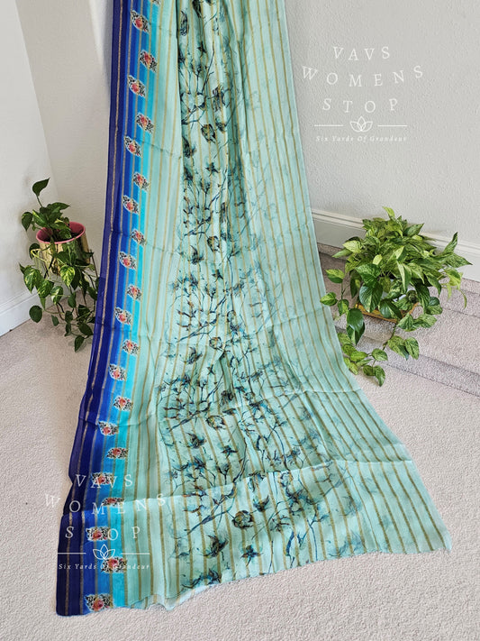 Floral Jute Silk Saree - Benarasi Blouse