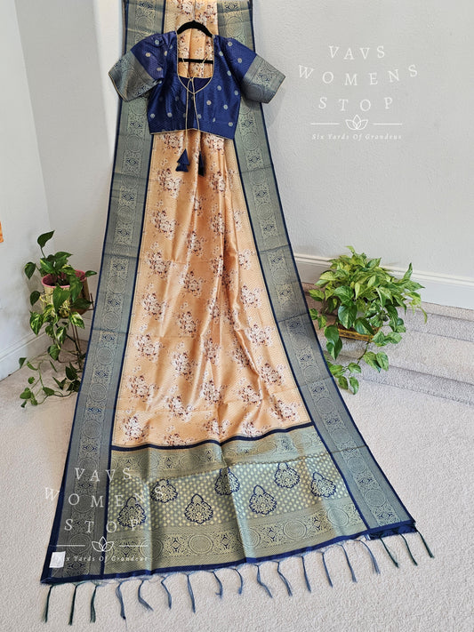 Benarasi Tussar Rawsilk Floral Digital Print Saree - Blouse
