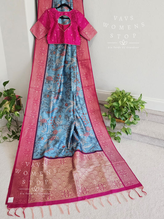 Benarasi Tussar Rawsilk Kalamkari Digital Print Saree - Blouse