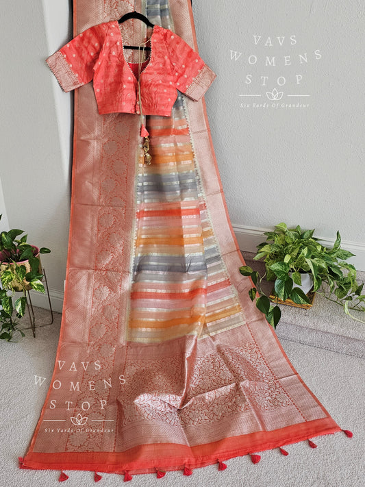 Designer Fancy Multi Color Stripes Kota Kora Organza Silk Saree - Blouse