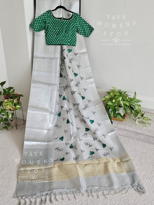 Silver Tissue Floral Embroidered Saree - Benarasi Blouse
