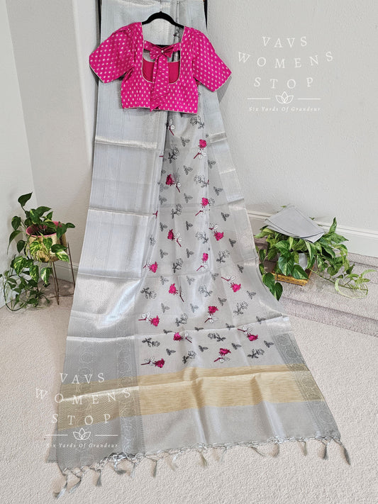 Silver Tissue Floral Embroidered Saree - Blouse