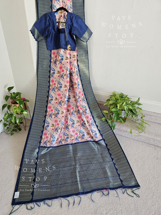 Birds Print Benarasi Tussar Rawsilk Kalamkari Digital Print Saree - Blouse