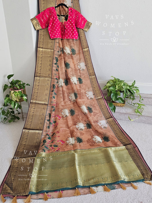 Fine Quality Kota Silk Kanchi Border Pichwai Prints Saree - Blouse