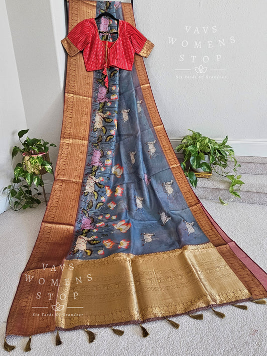 Fine Quality Kota Silk Kanchi Border Pichwai Prints Saree - Blouse