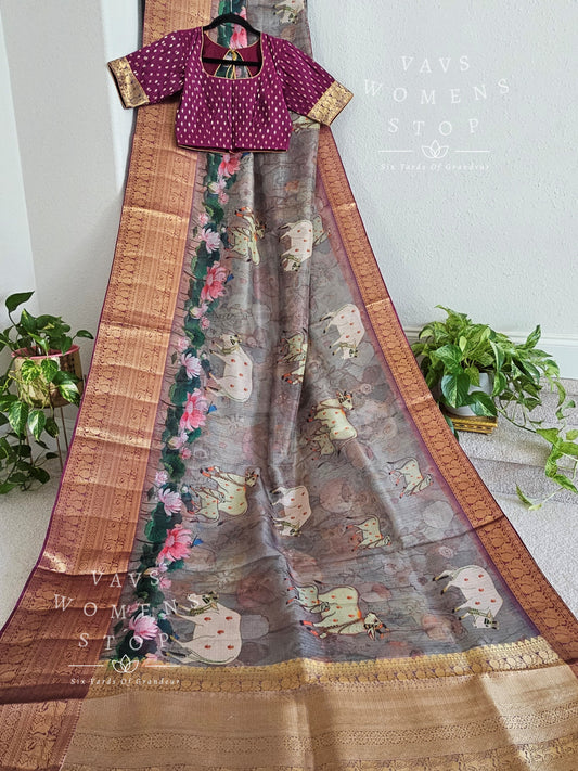 Fine Quality Kota Silk Kanchi Border Pichwai Prints Saree - Blouse