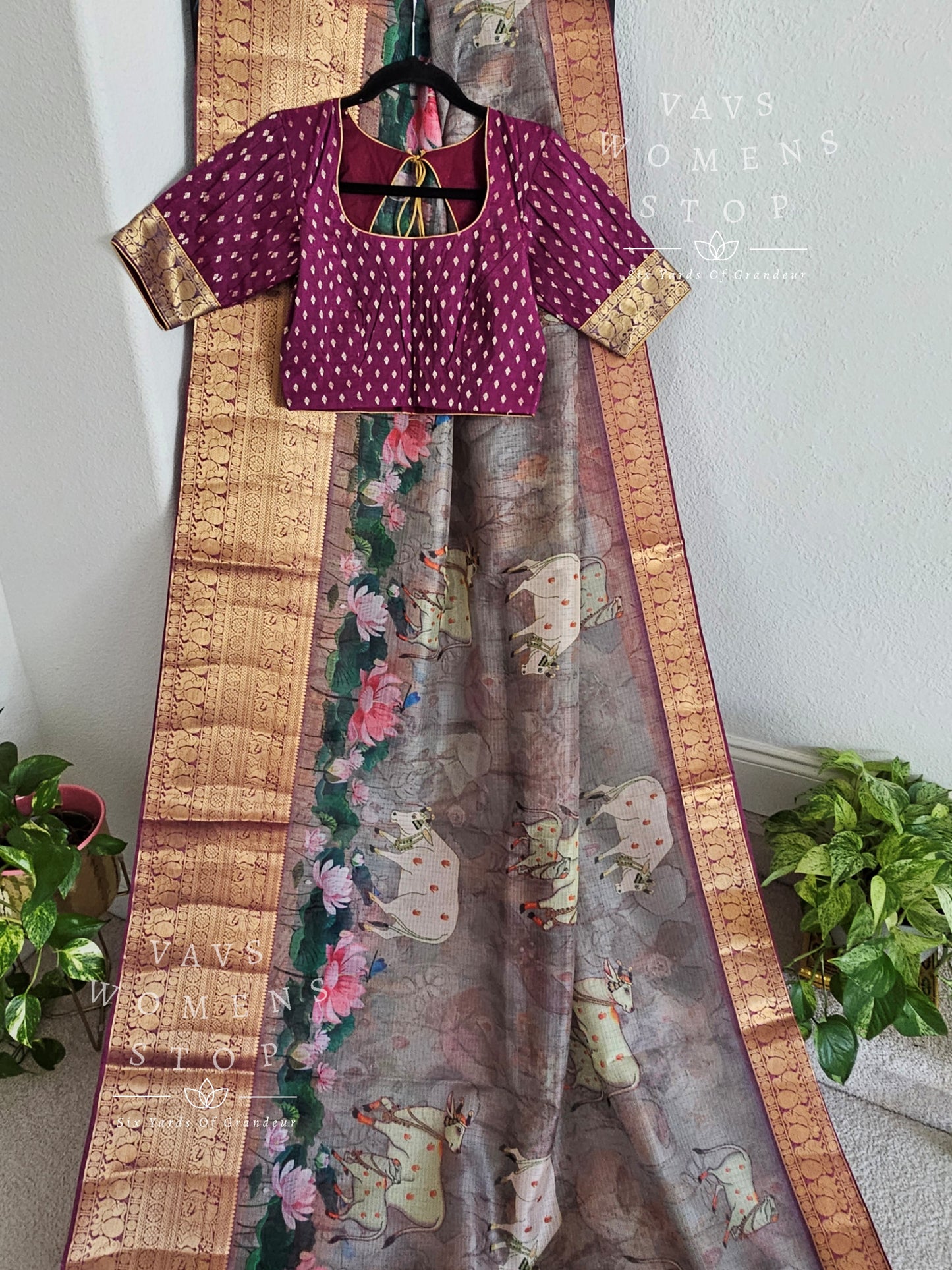 Fine Quality Kota Silk Kanchi Border Pichwai Prints Saree - Blouse