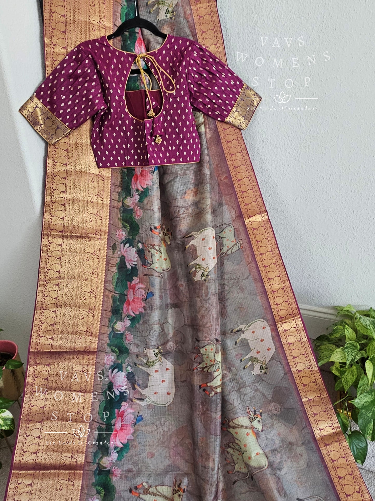 Fine Quality Kota Silk Kanchi Border Pichwai Prints Saree - Blouse