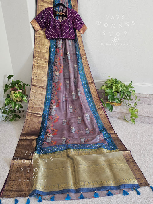 Fine Quality Kota Silk Kanchi Border Pichwai Prints Saree - Blouse
