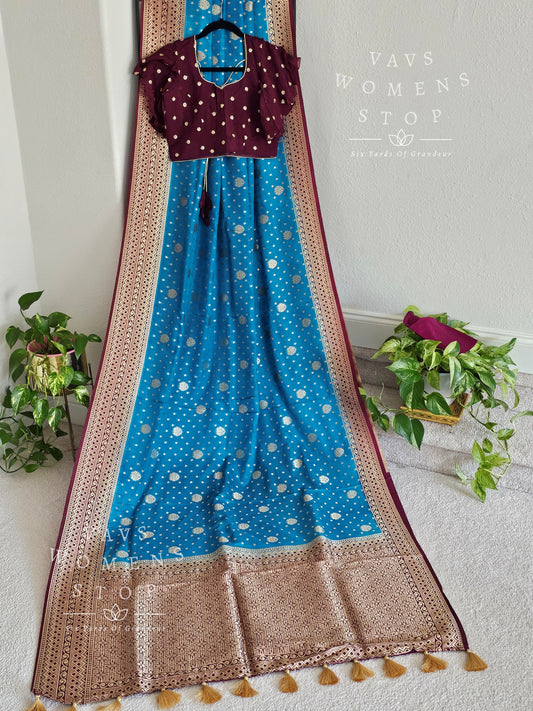 Semi Benarasi Warm Fancy Silk Saree - Ruffle Sleeves Blouse