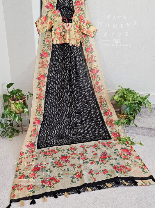 Fusion of floral and bhandini prints on linen cotton saree - blouse
