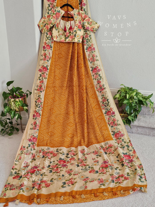 Fusion of floral and bhandini prints on linen cotton saree - blouse