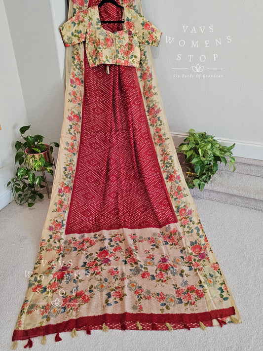 Fusion of floral and bhandini prints on linen cotton saree - blouse