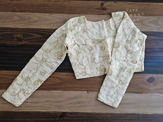 Light Gold Shade Full Sleeves Tissue Embroidery Work Designer Blouse