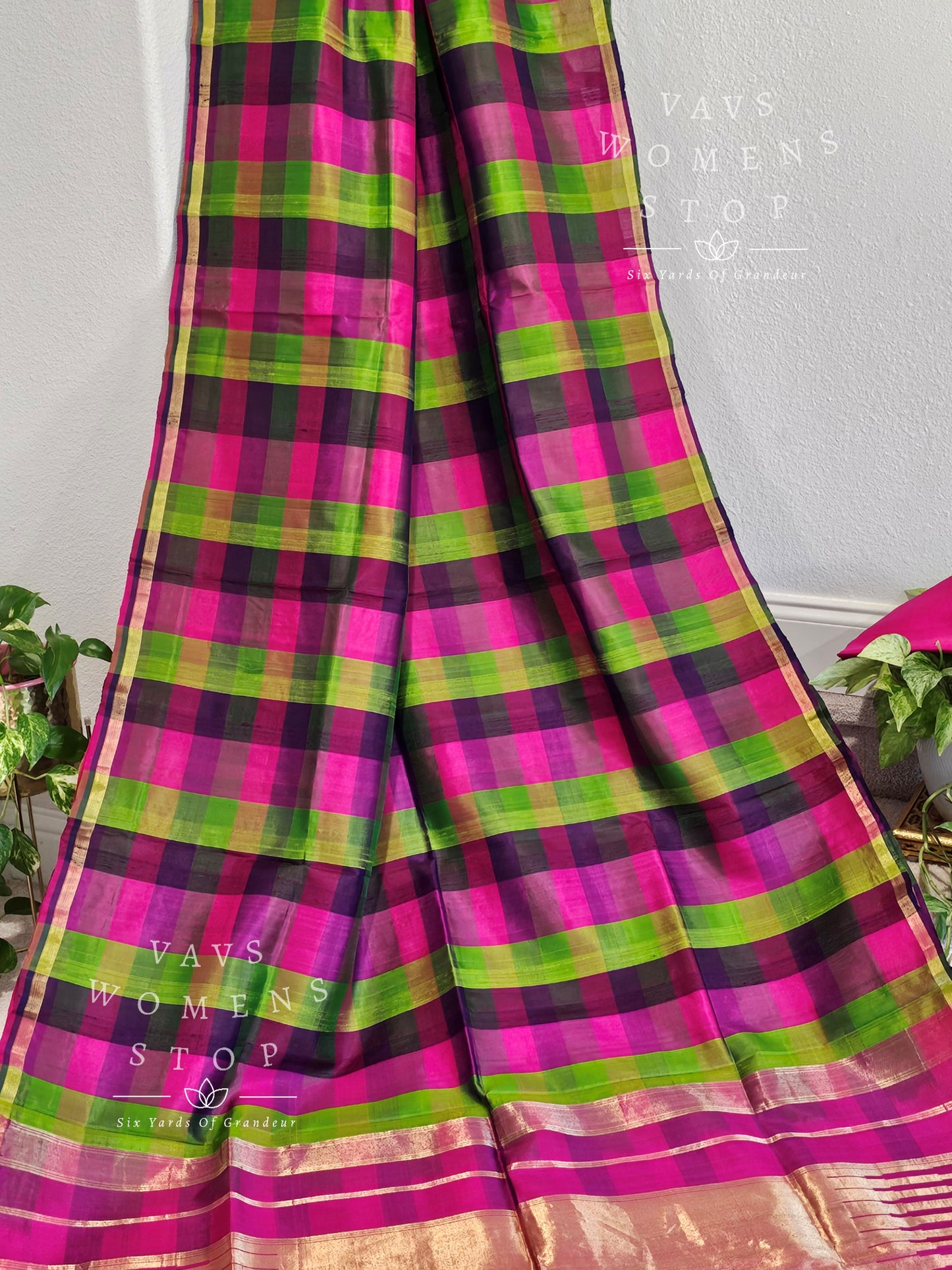 Pure Dupion Checks Pattern Pattu Silk Saree