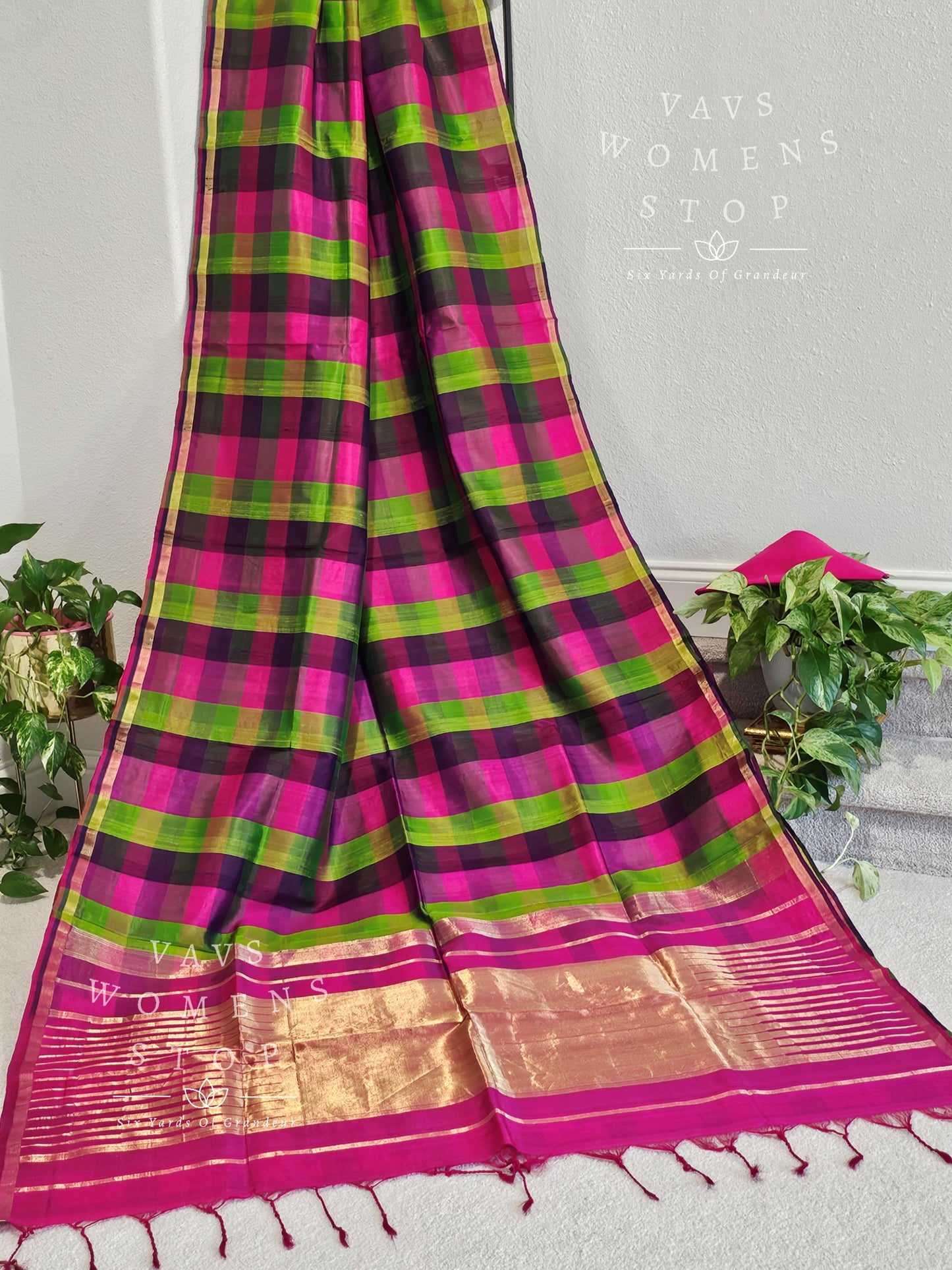 Pure Dupion Checks Pattern Pattu Silk Saree