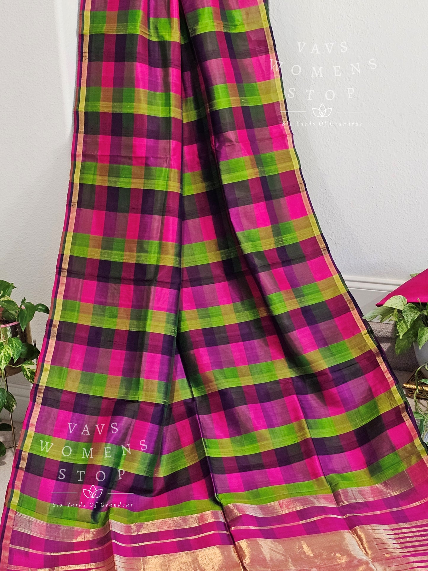 Pure Dupion Checks Pattern Pattu Silk Saree