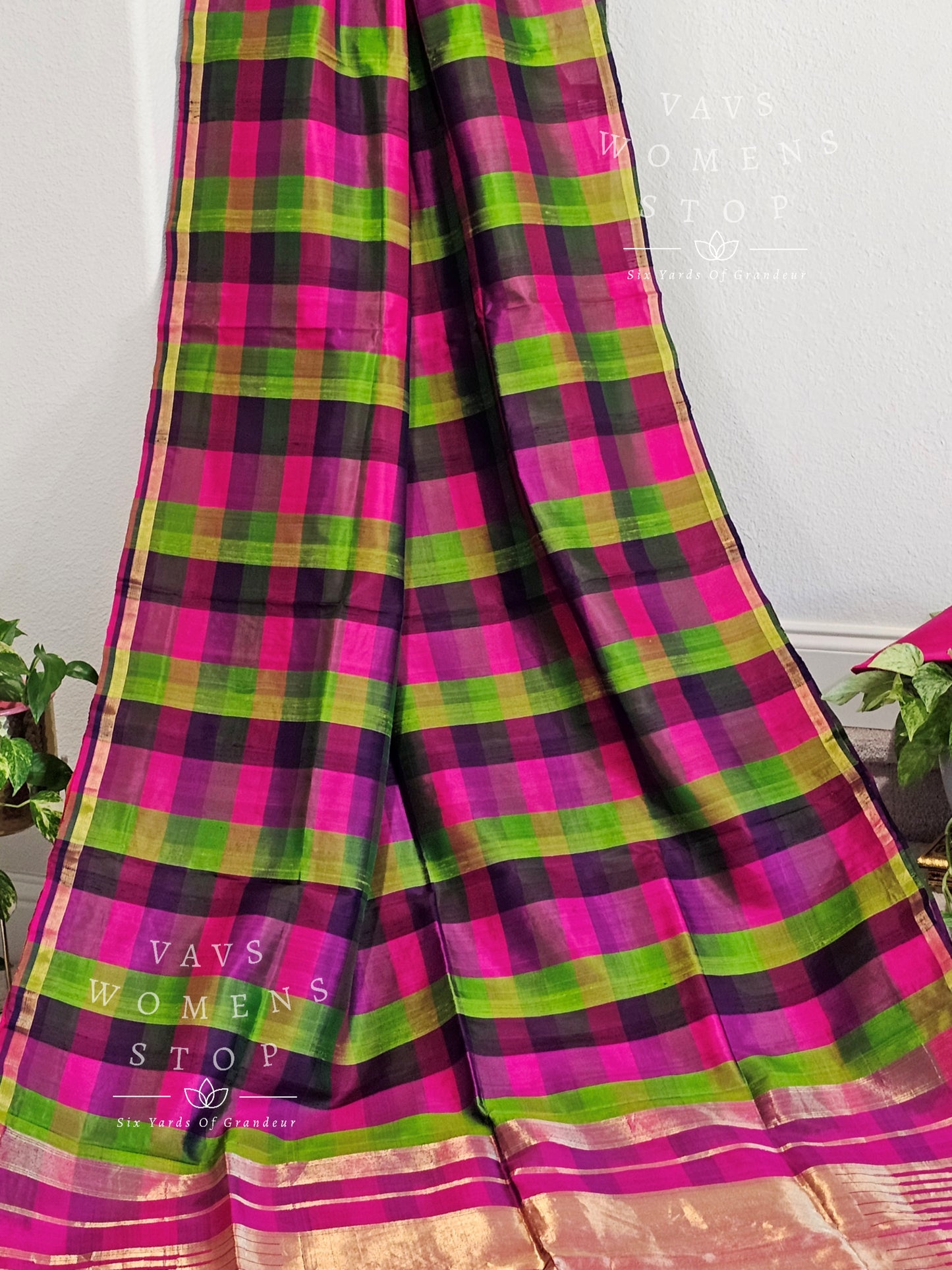 Pure Dupion Checks Pattern Pattu Silk Saree