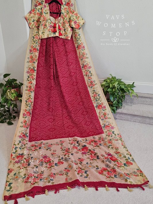 Fusion of floral and bhandini prints on linen cotton saree - blouse