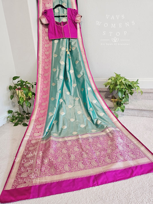 Sea Green Blue Shade Benarasi Soft Katan tissue Saree - Puff Sleeves Blouse