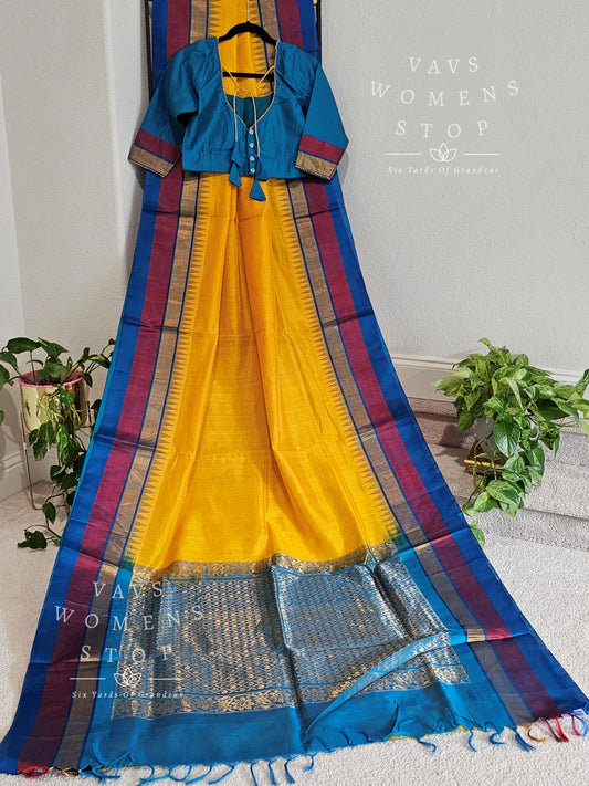 Pure Kuppadam Pattu Silk Cotton Temple Border Saree - Blouse