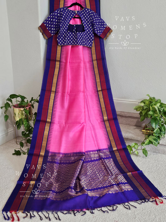 Pure Kuppadam Pattu Silk Cotton Temple Border Saree - Blouse
