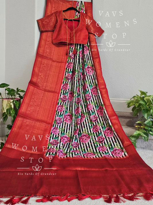 Fusion Of Stripes and Floral Print Semi Benarasi Silk Saree - Blouse