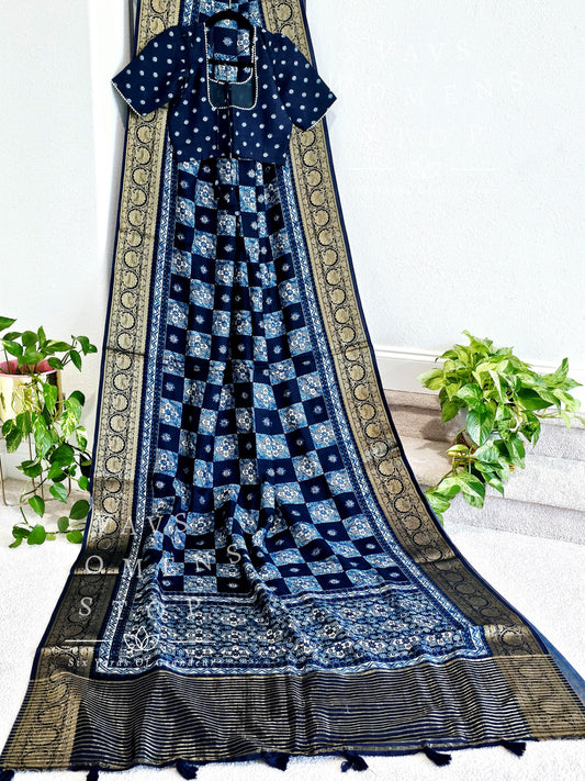 Indigo Blue Munga Crepe Silk Ajrakh Digital Print Saree - Blouse