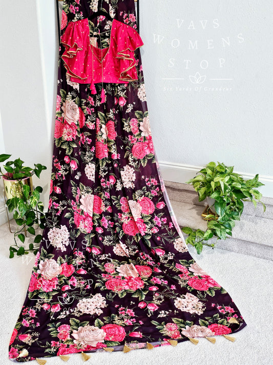 Floral Soft Crepe Georgette Saree - Ruffle Sleeves Blouse