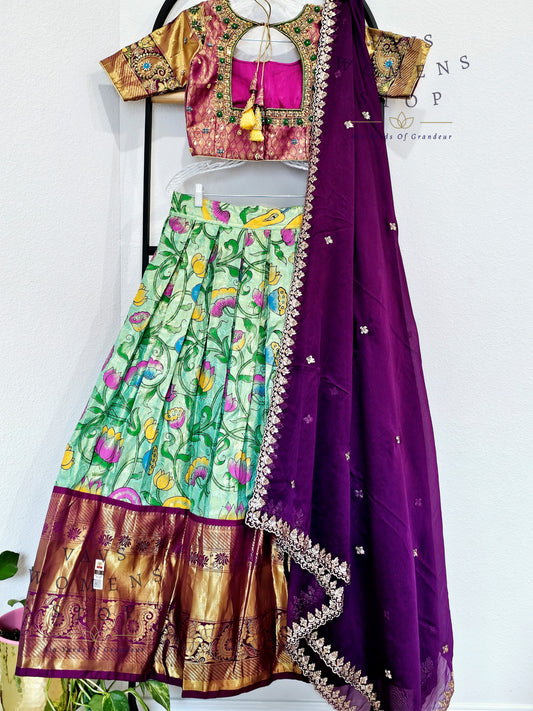 Pure Kanchi Silk Kalamkari Print Traditional Half Saree Set