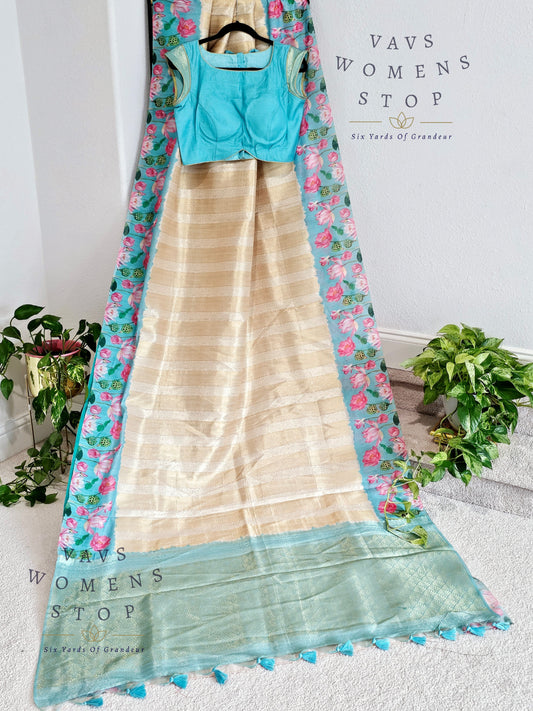 Muslin Silk Cotton Floral Print Linen Border Saree - Blouse