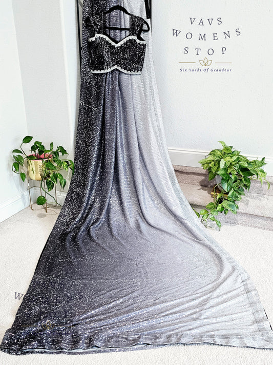 Shaded Cocktail Partywear Net Sequins Saree - Blouse