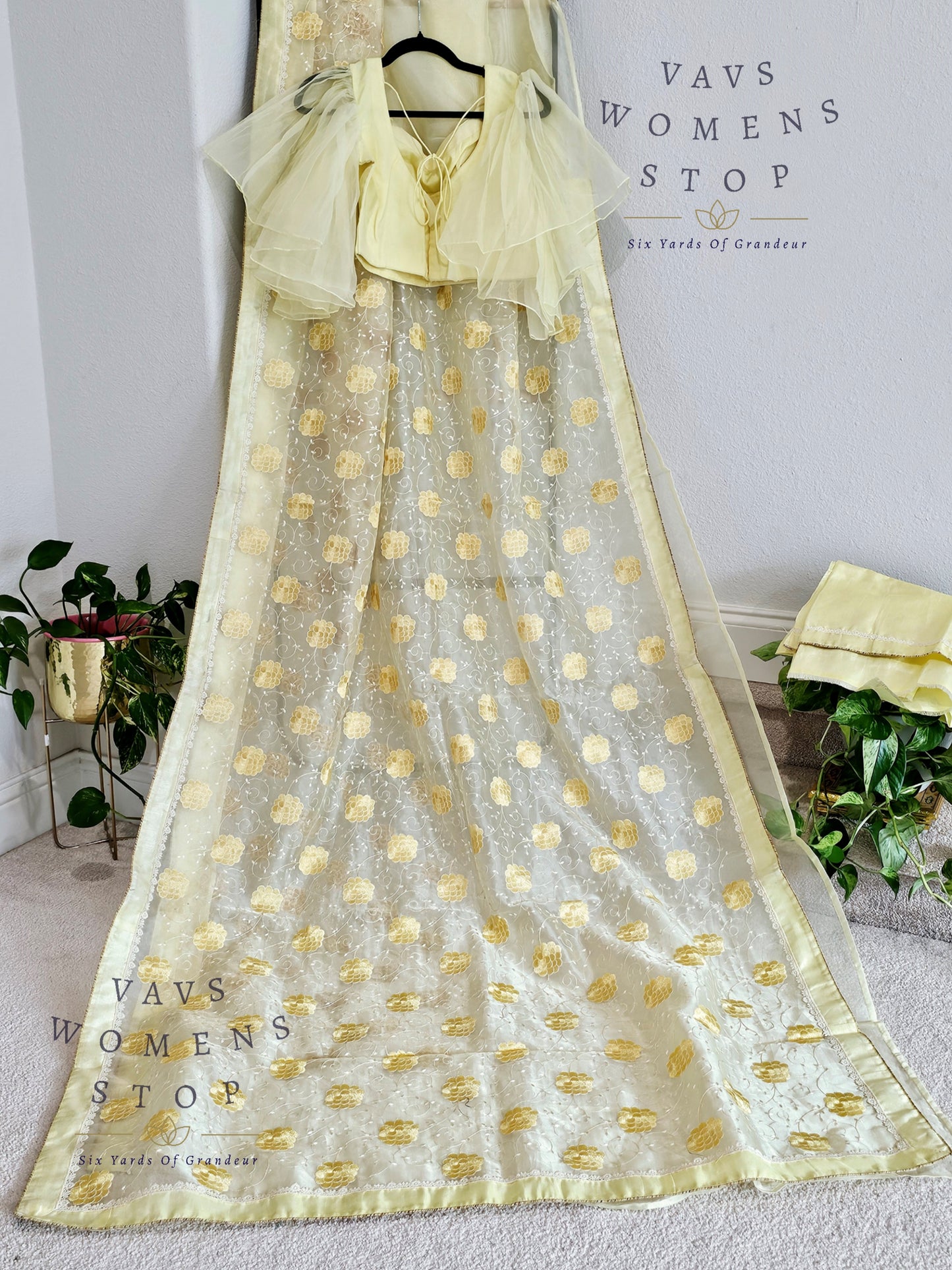Lemon Yellow Shade Embroidered Organza Saree - Ruffle Sleeves Blouse