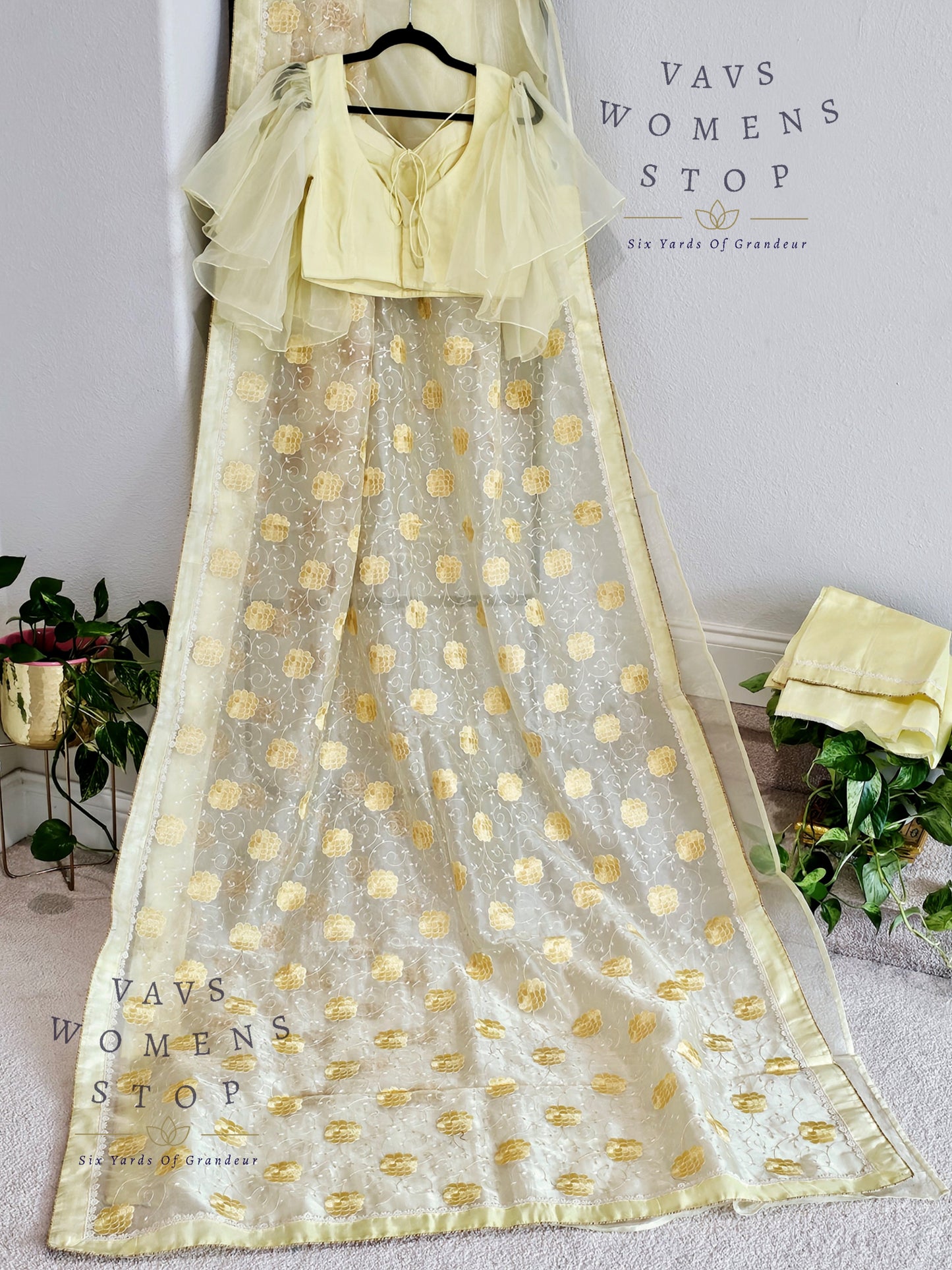 Lemon Yellow Shade Embroidered Organza Saree - Ruffle Sleeves Blouse