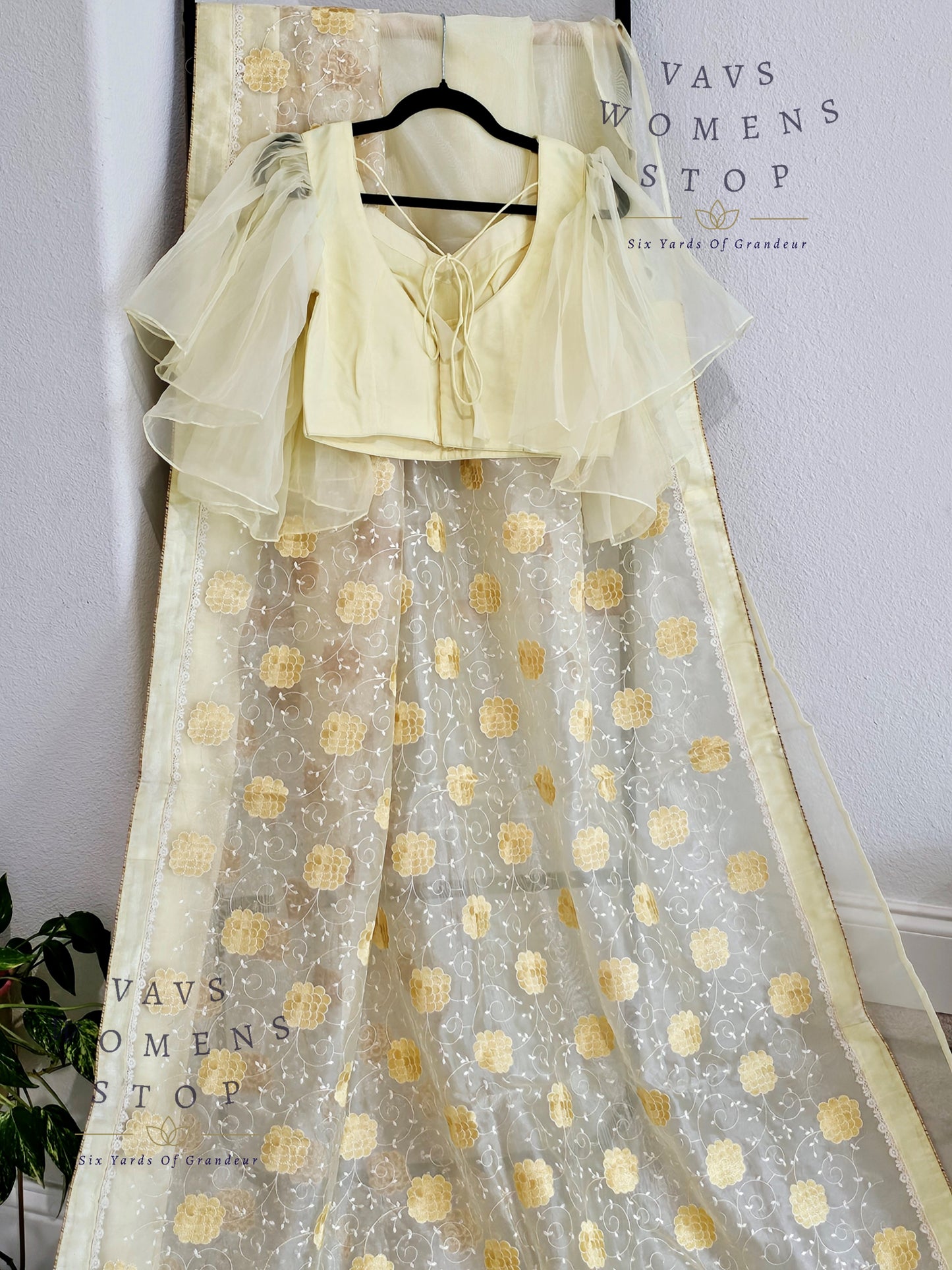 Lemon Yellow Shade Embroidered Organza Saree - Ruffle Sleeves Blouse