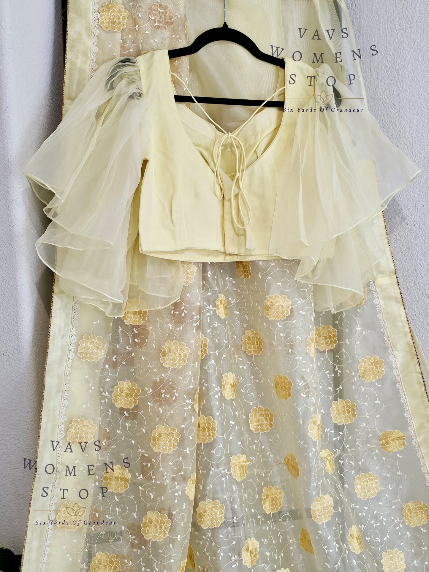 Lemon Yellow Shade Embroidered Organza Saree - Ruffle Sleeves Blouse