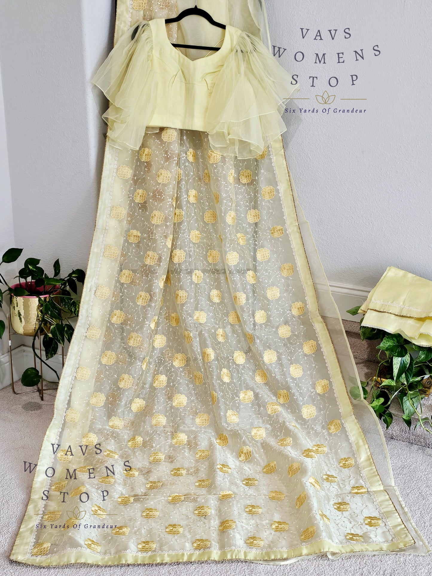 Lemon Yellow Shade Embroidered Organza Saree - Ruffle Sleeves Blouse