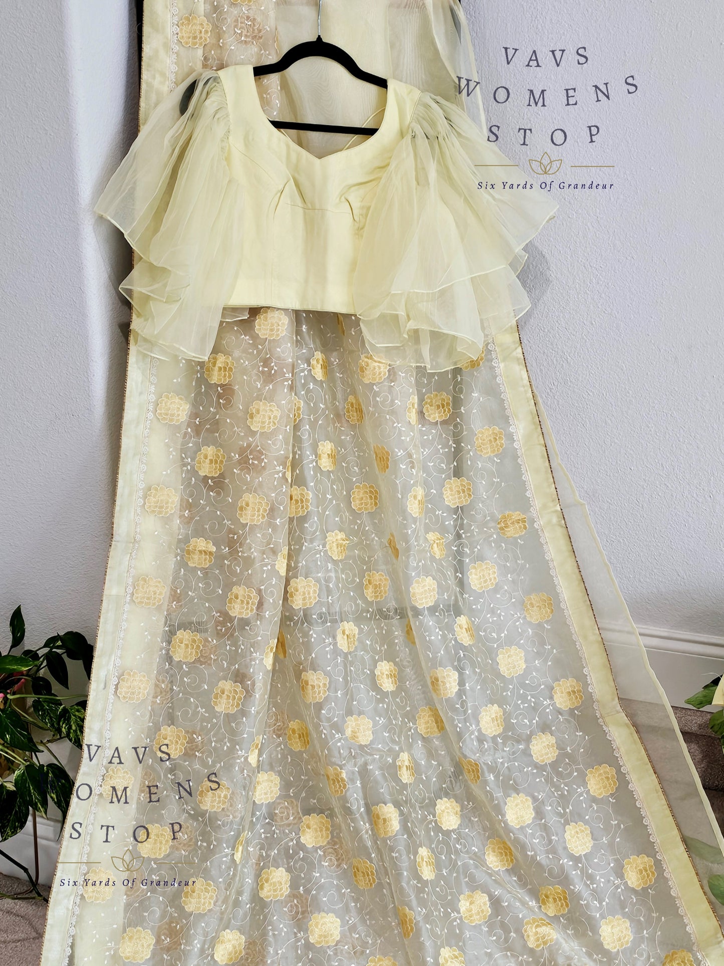 Lemon Yellow Shade Embroidered Organza Saree - Ruffle Sleeves Blouse