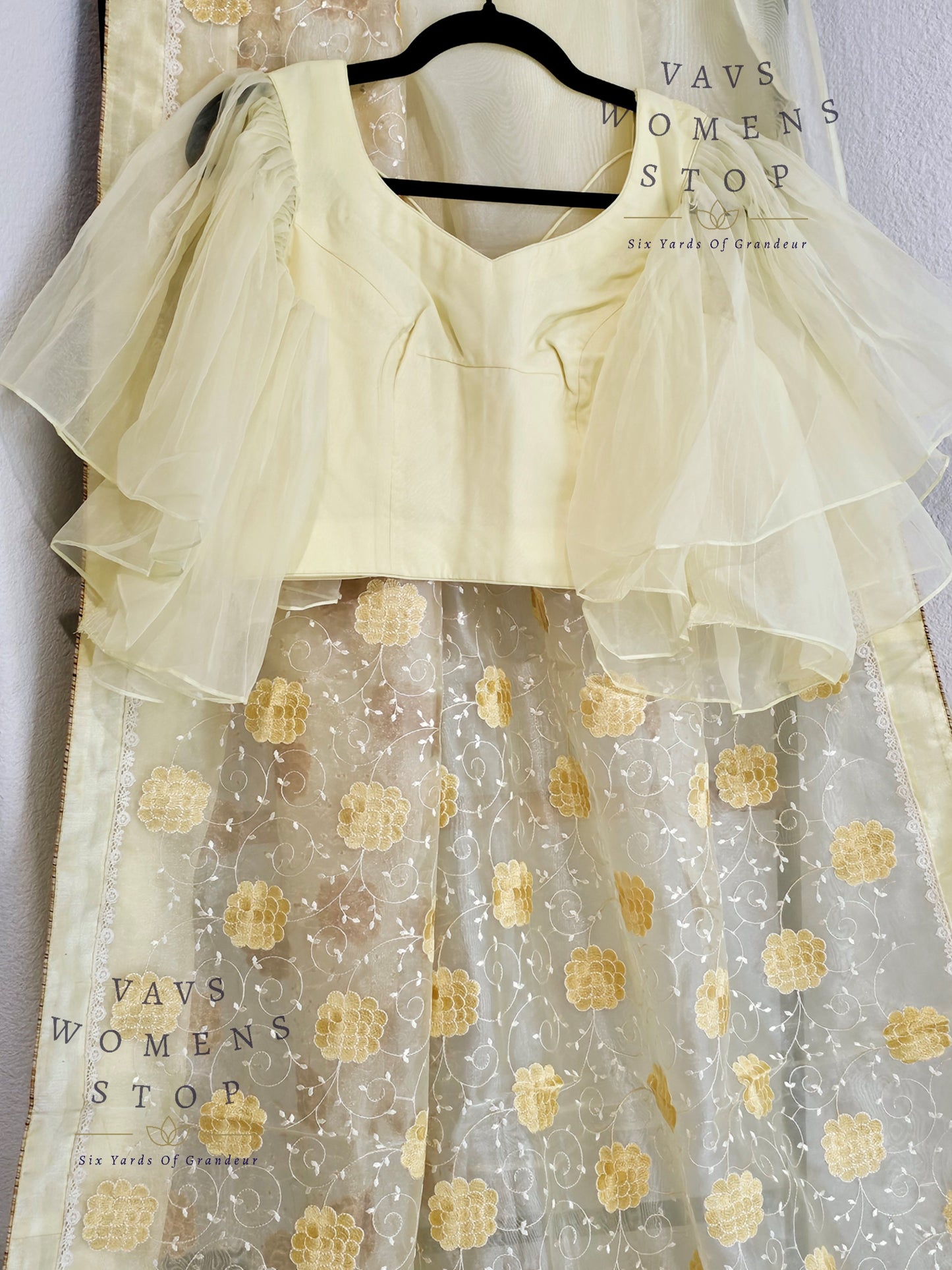 Lemon Yellow Shade Embroidered Organza Saree - Ruffle Sleeves Blouse
