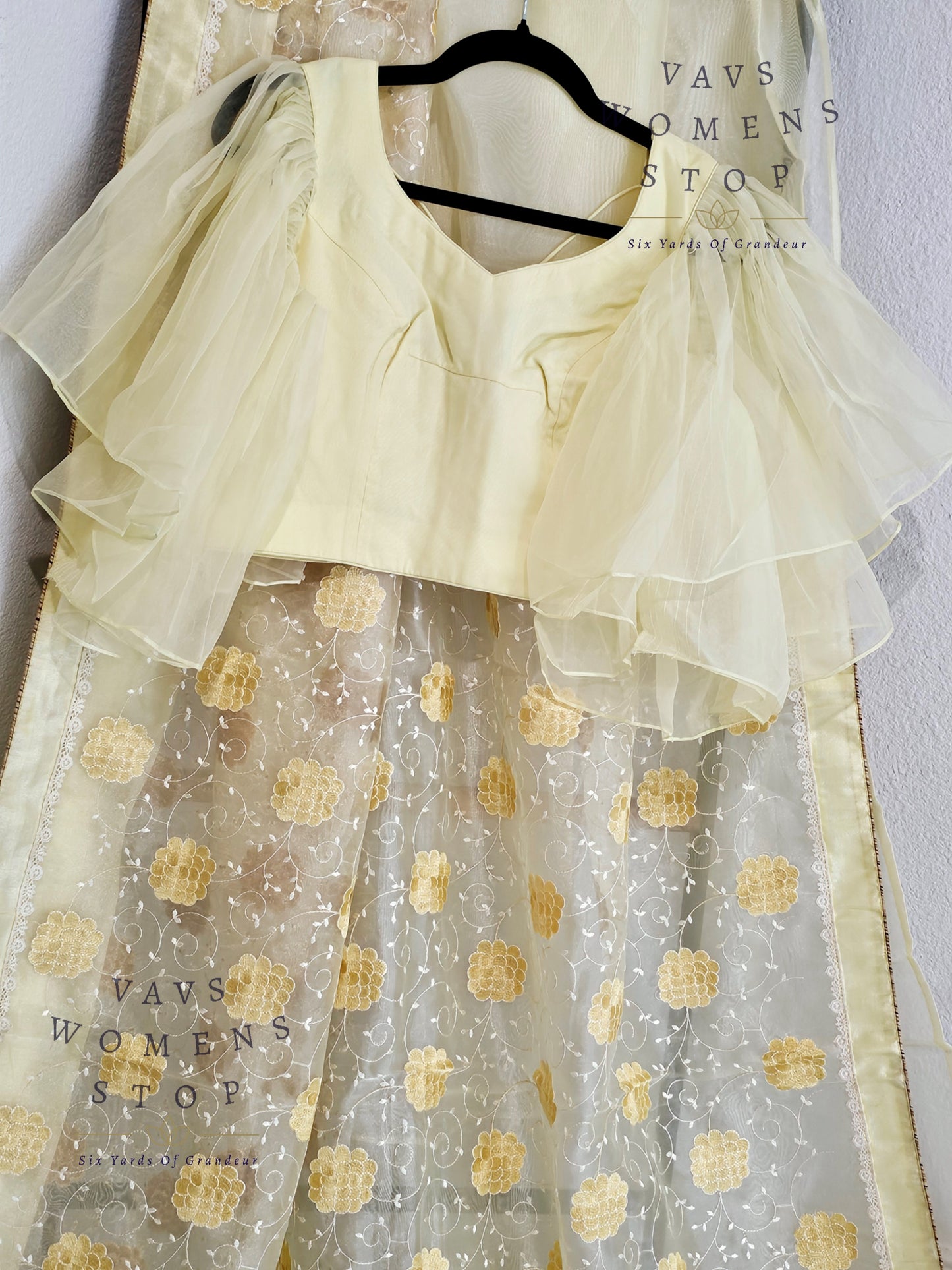 Lemon Yellow Shade Embroidered Organza Saree - Ruffle Sleeves Blouse
