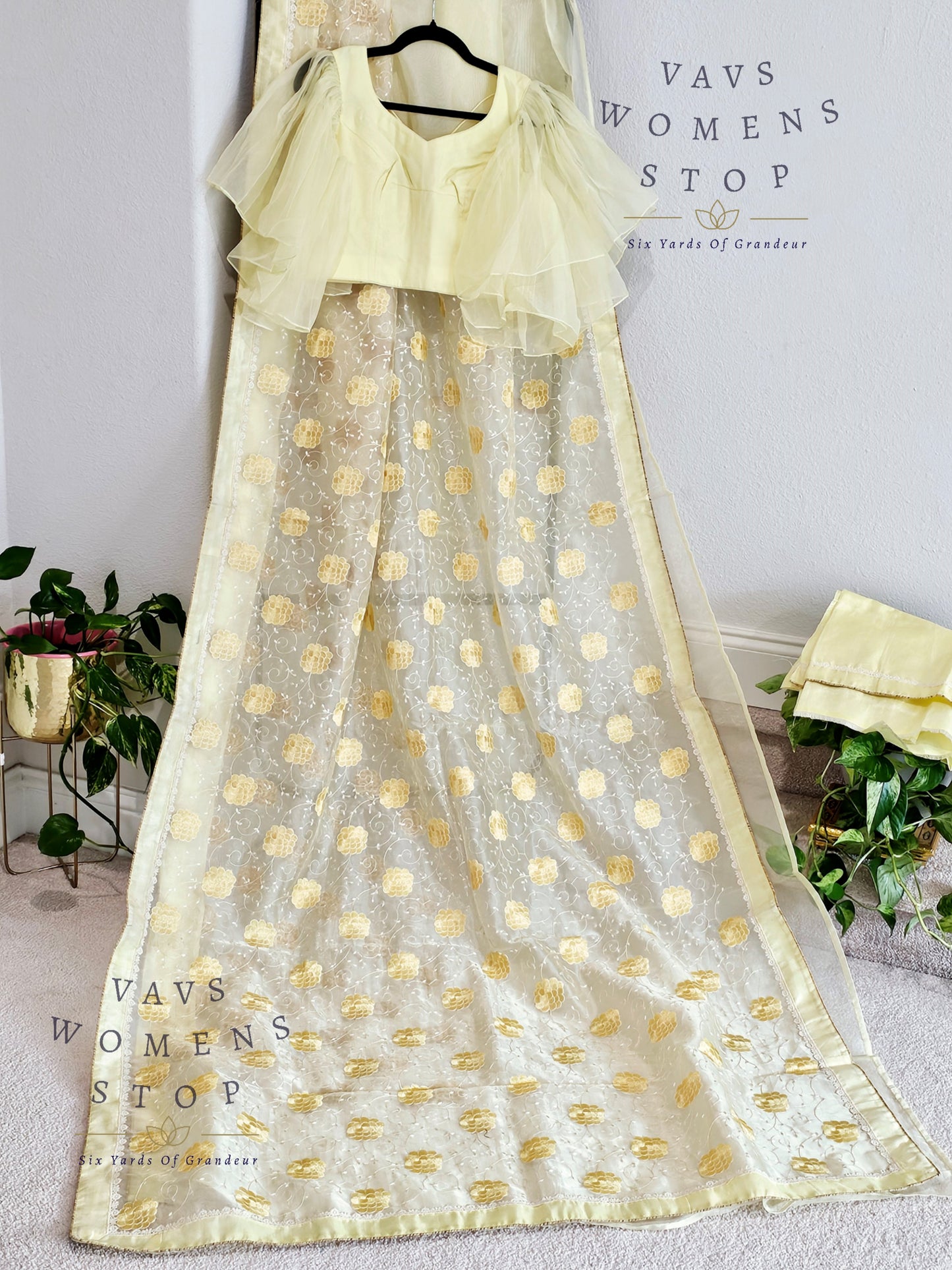 Lemon Yellow Shade Embroidered Organza Saree - Ruffle Sleeves Blouse