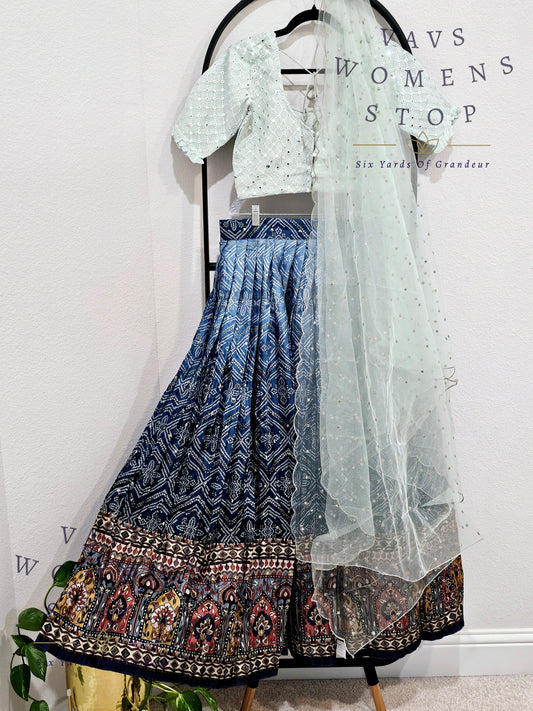 Fusion Of Kalamkari & Bhandini Printed Crush Designer Half Saree/ Lehenga Set