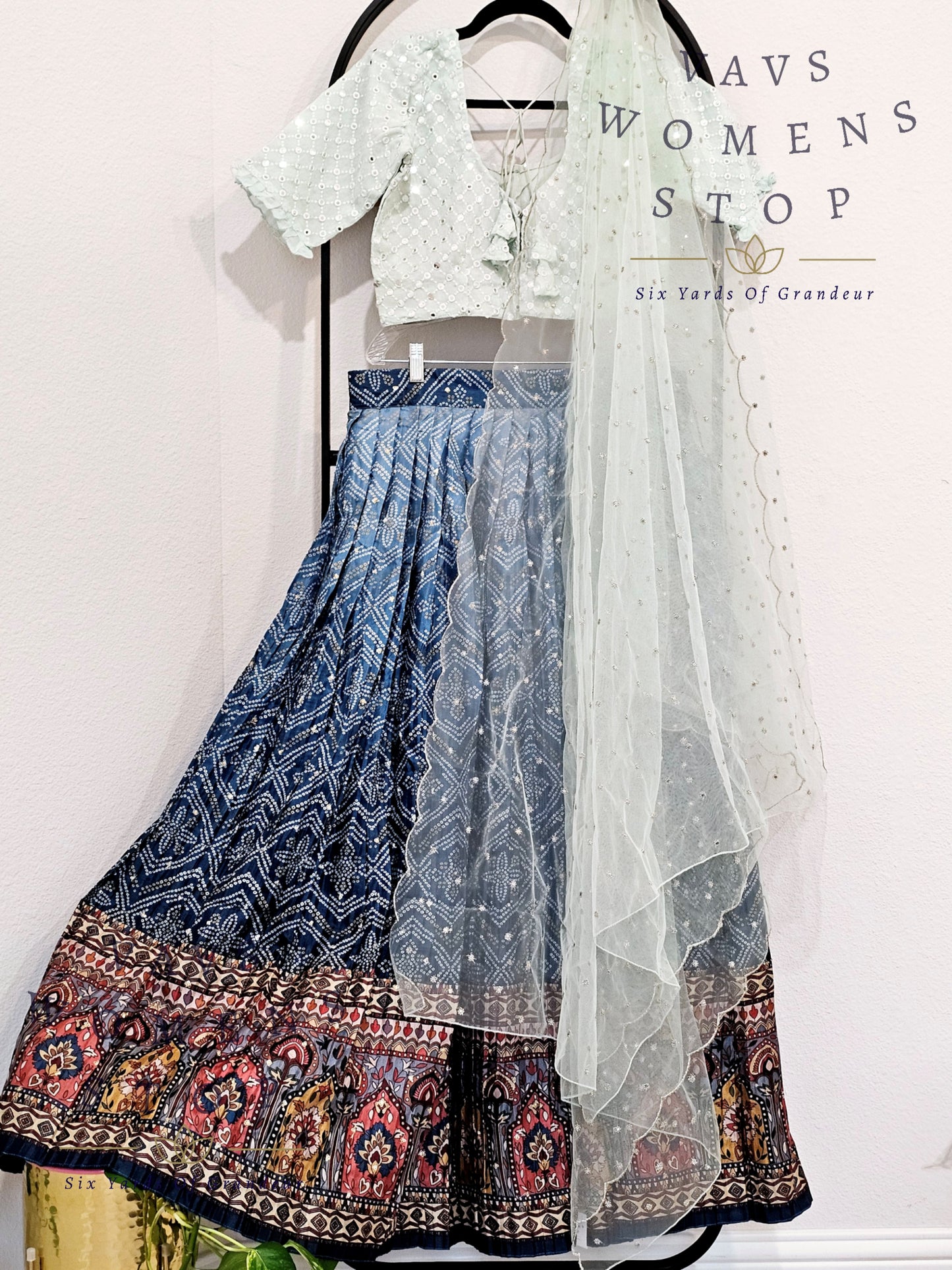 Fusion Of Kalamkari & Bhandini Printed Crush Designer Half Saree/ Lehenga Set