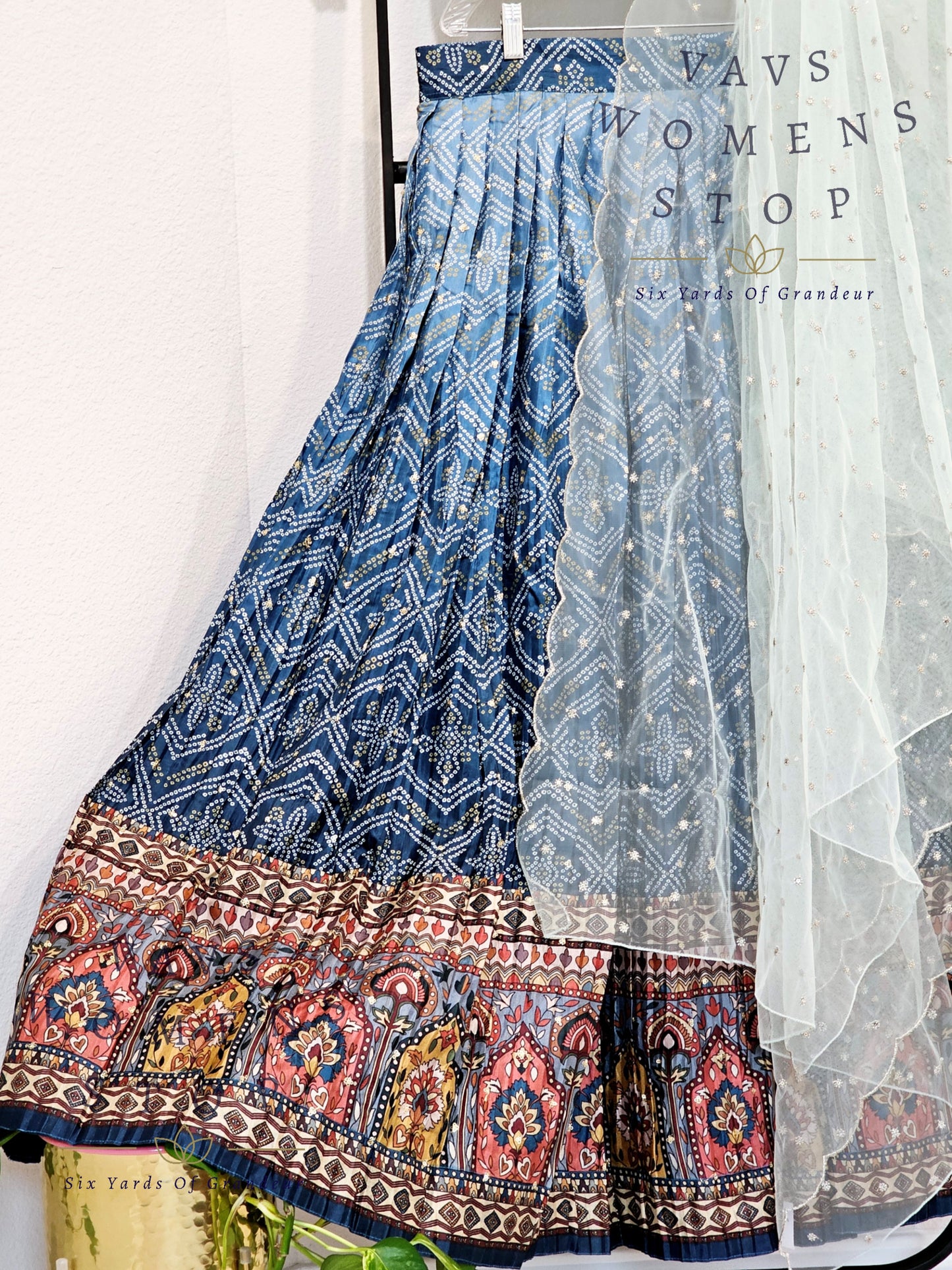 Fusion Of Kalamkari & Bhandini Printed Crush Designer Half Saree/ Lehenga Set