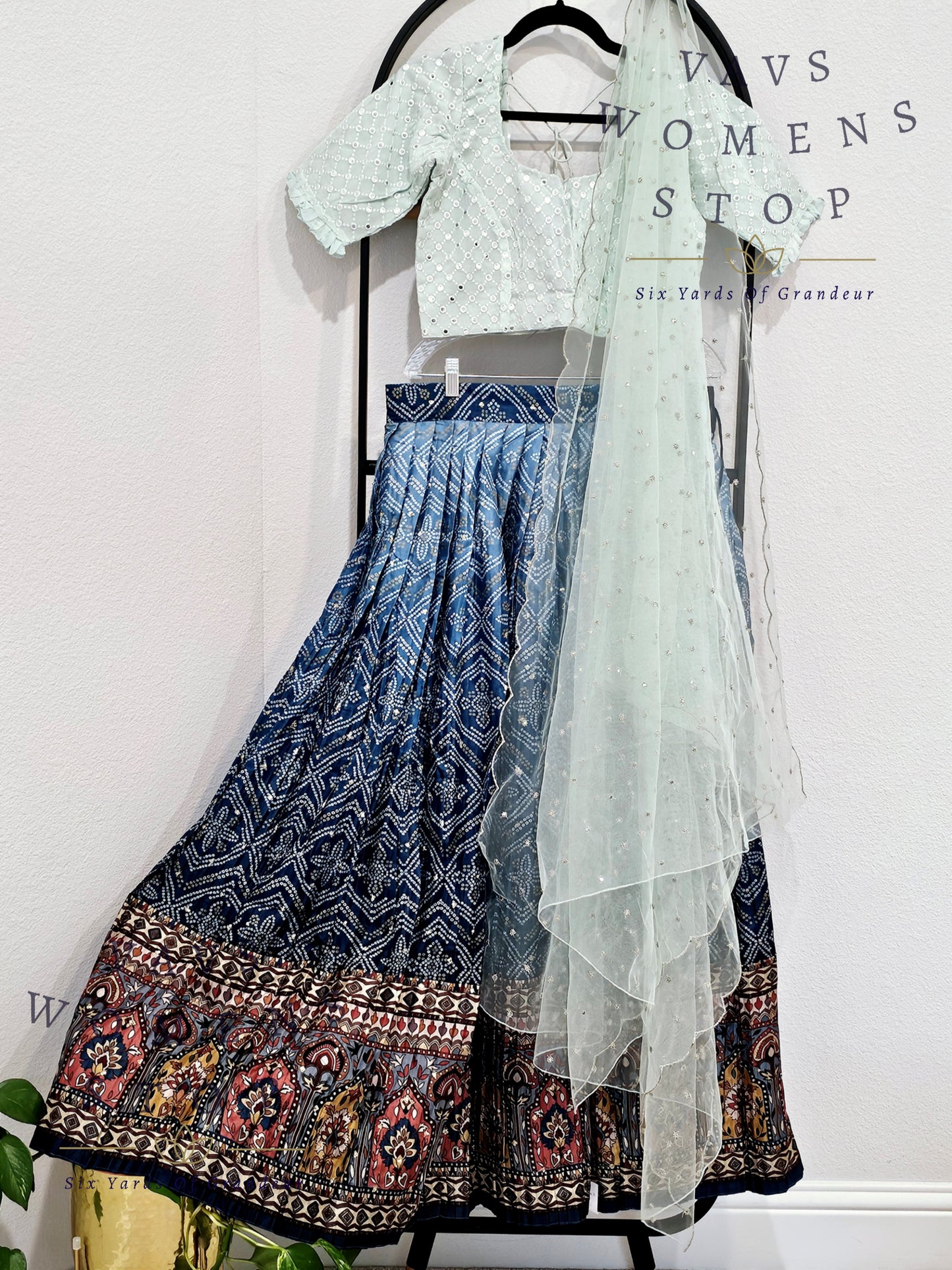 Fusion Of Kalamkari & Bhandini Printed Crush Designer Half Saree/ Lehenga Set