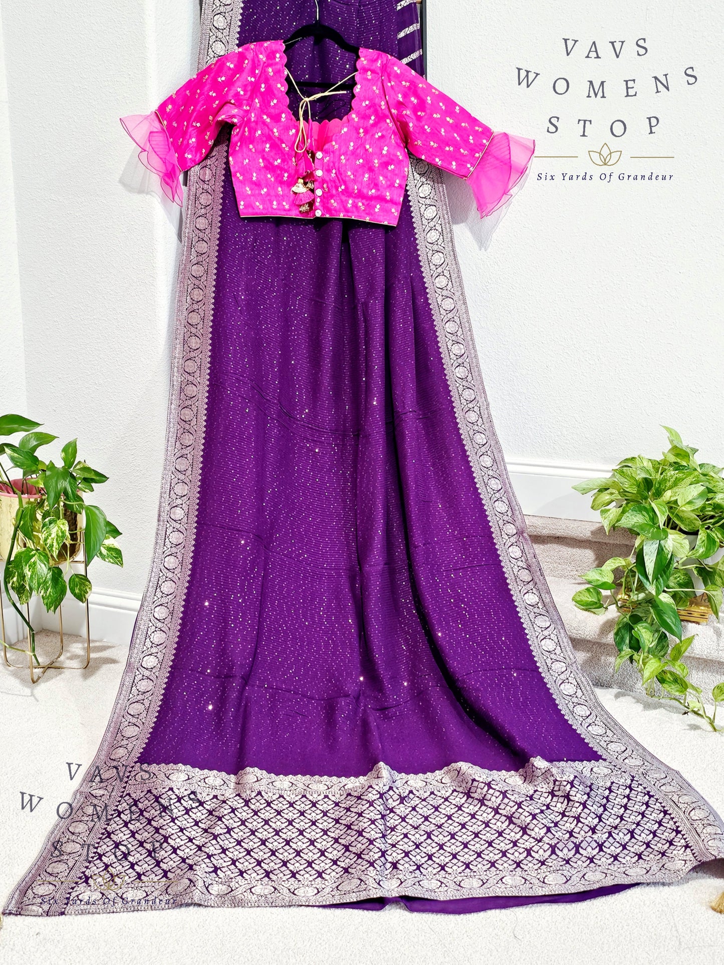 Pure Georgette Sequins Saree - Rawsilk Blouse