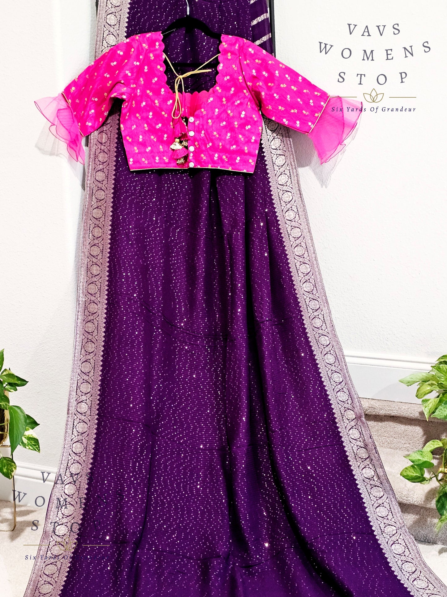 Pure Georgette Sequins Saree - Rawsilk Blouse