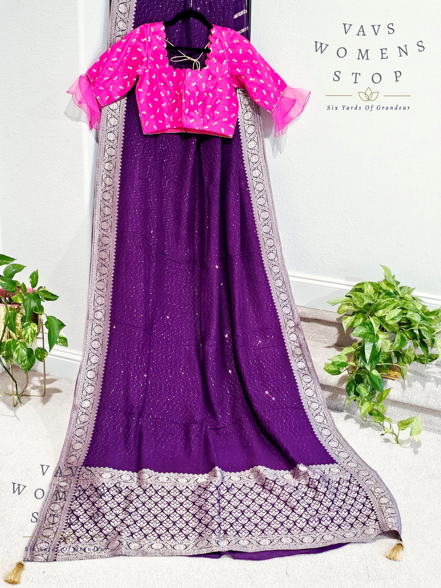 Pure Georgette Sequins Saree - Rawsilk Blouse